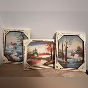 Set of Three Genuine Oil Paintings Vintage